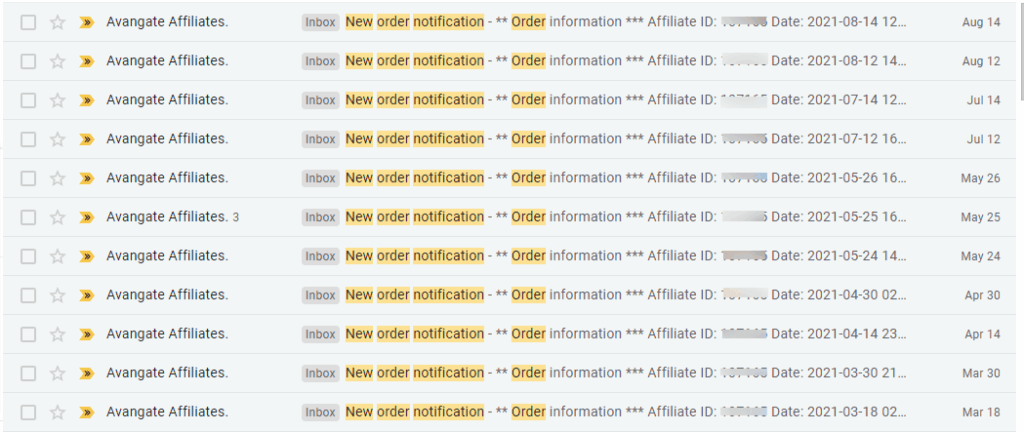 avangate affiliate new order notification emails Inbox interface showing Avangate affiliate new order notification emails with date stamps.