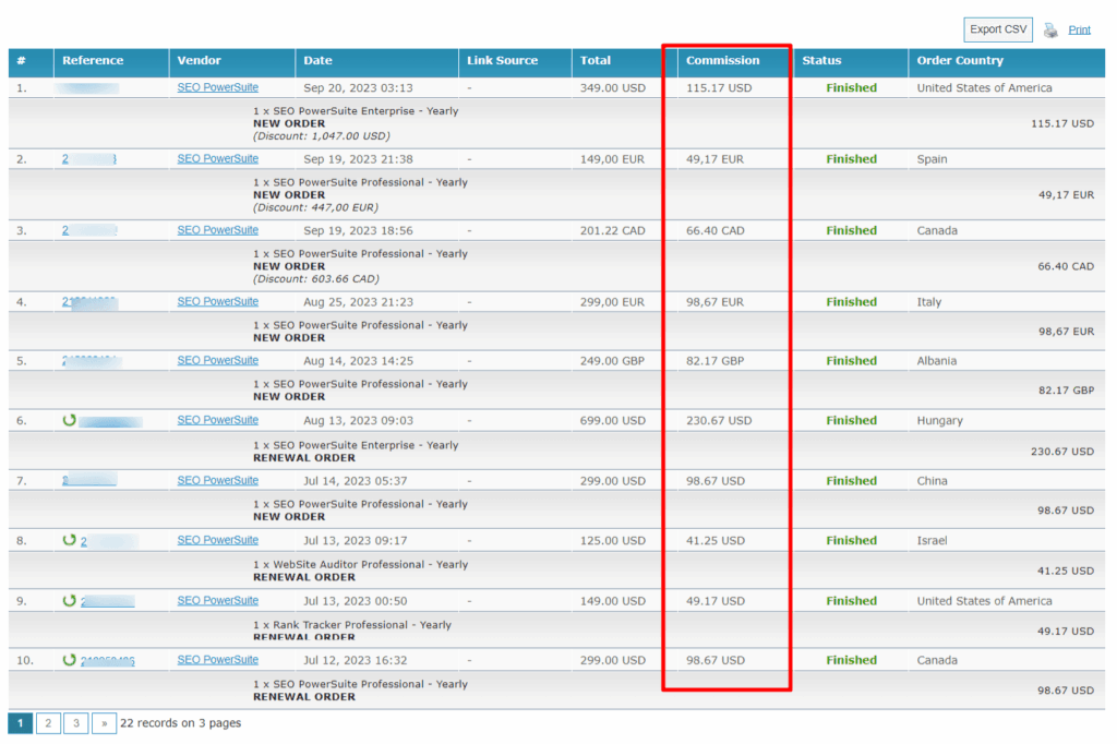 avangate control panel and track affiliate commissions Avangate control panel showing affiliate commission earnings table with vendor details, order numbers, and transaction statuses.