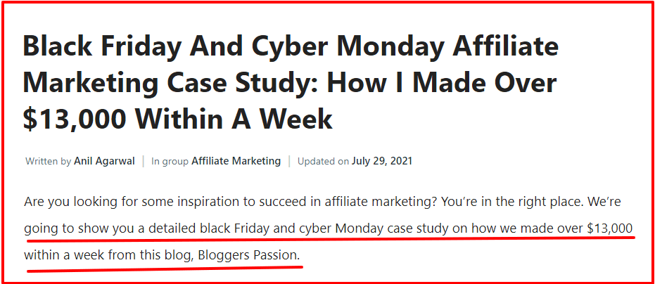 case study how i made over 13000 within a week Blog post screenshot showing a Black Friday and Cyber Monday affiliate marketing case study headline on Bloggers Passion.