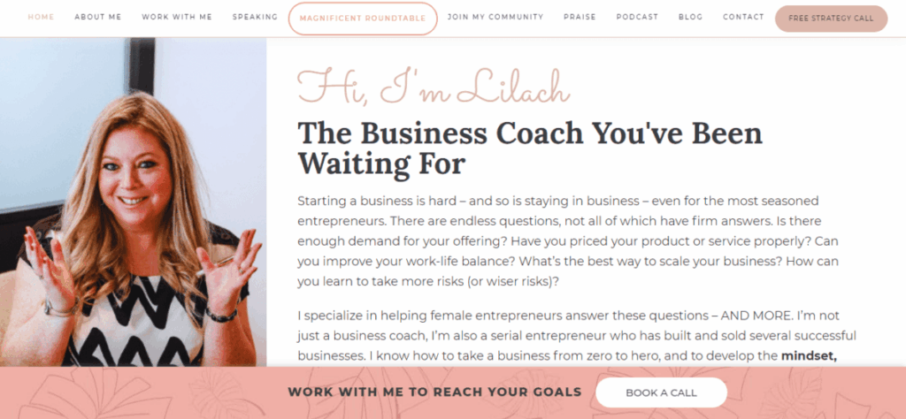 lilach bullock business coach and serial entrepreneur profile Lilach Bullock business coach homepage with headshot, greeting, headline, and call to action button.
