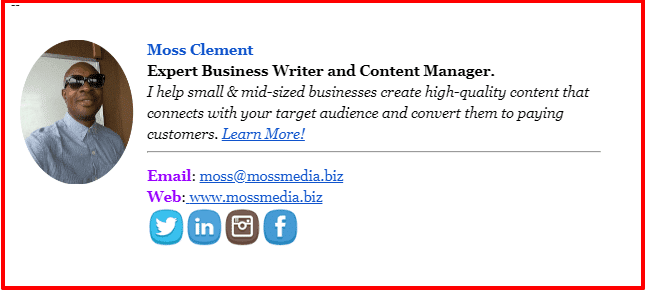 moss clement expert content manager profile Email signature of Moss Clement featuring his headshot, professional title, bio, contact email, website link, and social media icons.