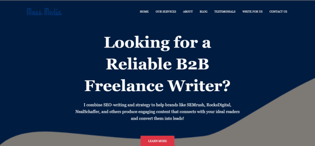 moss media b2b freelance writing and seo strategy services Moss Media homepage showing B2B freelance writing services headline, navigation menu, and call to action button.