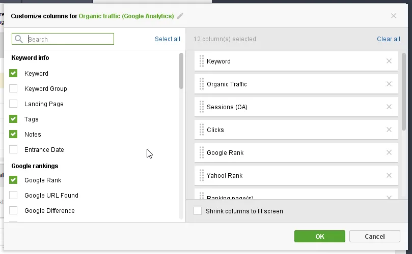 SEO PowerSuite Rank Tracker "Customize columns" modal showing selectable data points such as Keyword, Tags, Notes, Google Rank, and Yahoo! Rank for organic traffic analysis.