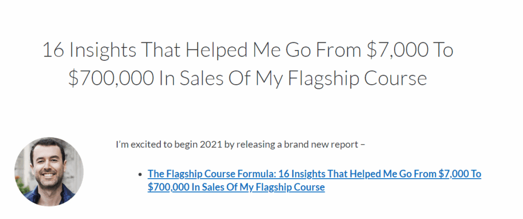 the flagship course formula 16 insights Profile photo of author and headline for the flagship course formula report detailing sales growth insights.
