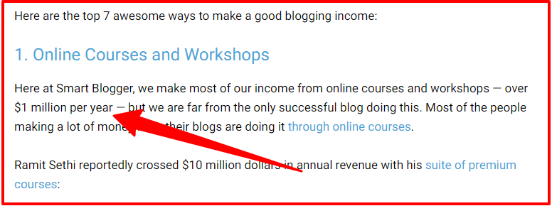 top 7 ways to build a profitable income stream Smart Blogger screenshot highlighting online courses and workshops as a primary blogging income stream with a red annotation arrow.