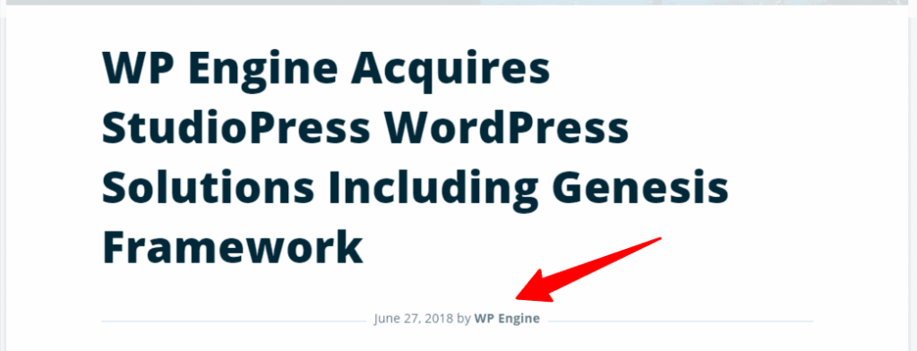 wp engine acquires studypress wordpress solutions WP Engine acquisition announcement showing article headline and red arrow pointing to June 2018 publication date by WP Engine.