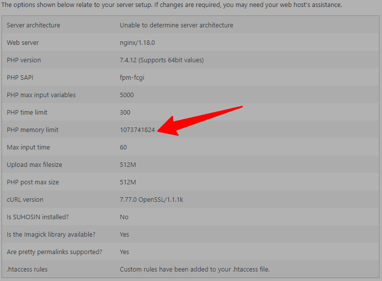 Arrow pointing to PHP Memory in sever health check panel