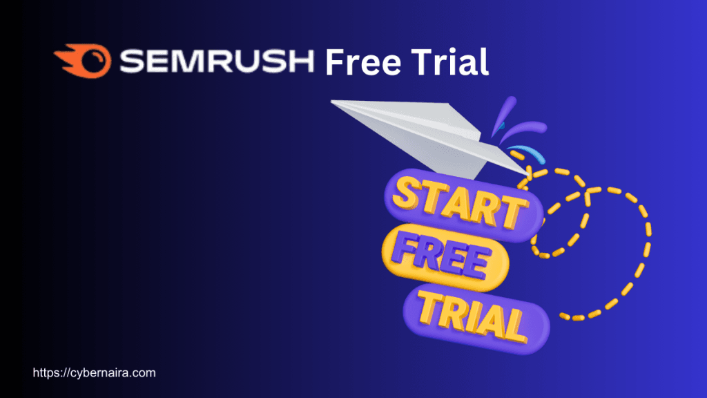 Paper plane above "START FREE TRIAL" text next to SEMRUSH Free Trial logo on blue background.