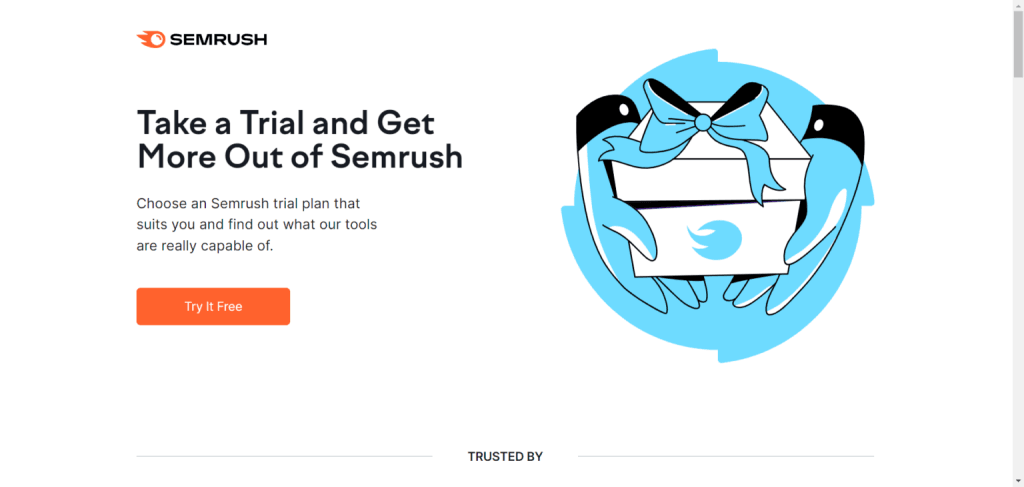 Hands holding a gift box with the Semrush logo inside a circular blue frame.