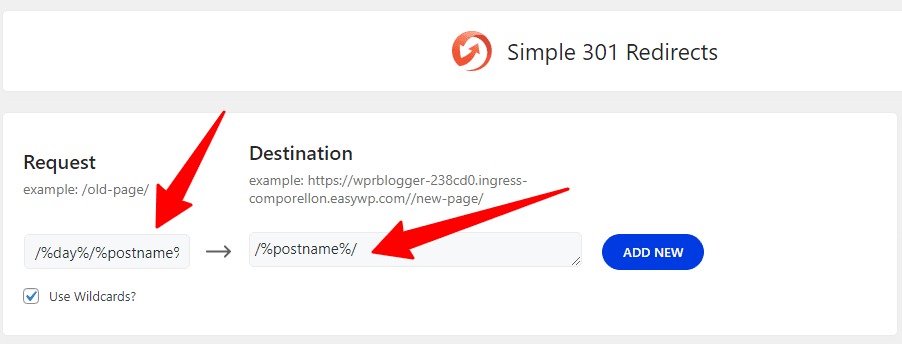 simple 301 redirect plugin settings in WordPress 