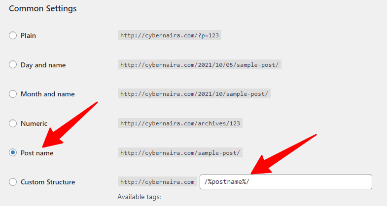 permalink settings page in WordPress