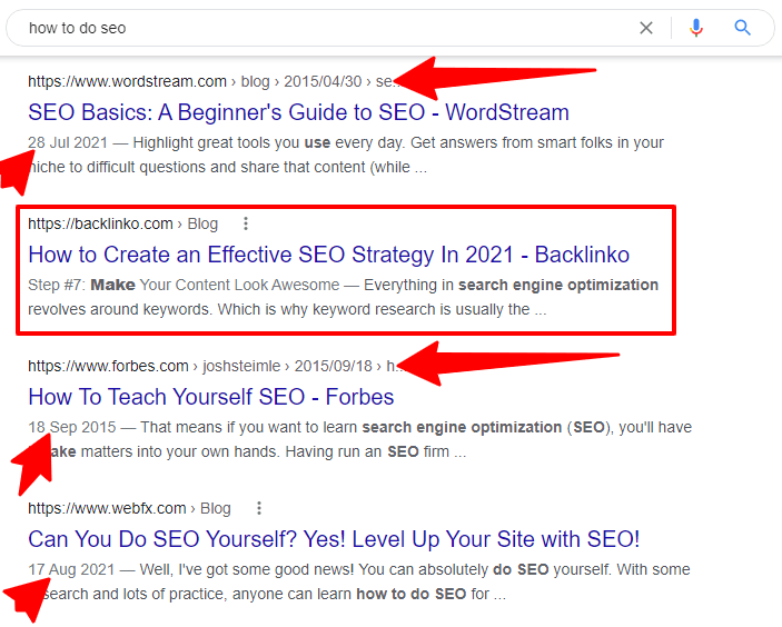 Google search result for the term how to do seo