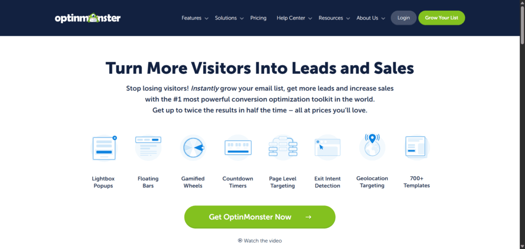 OptinMonster homepage showing lead generation tools like popups, countdown timers, geolocation targeting, and templates.