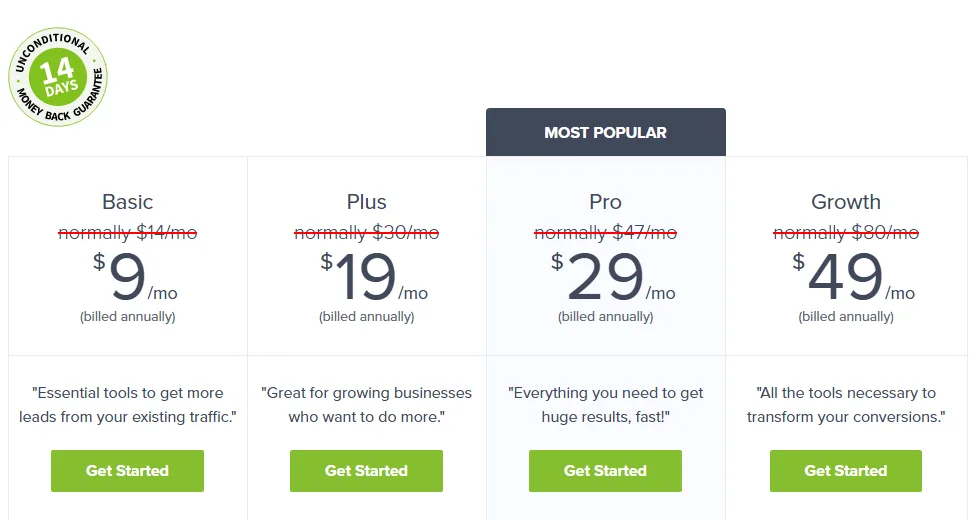 OptinMonster pricing plans showing Basic, Plus, Pro, and Growth tiers with monthly pricing and features.