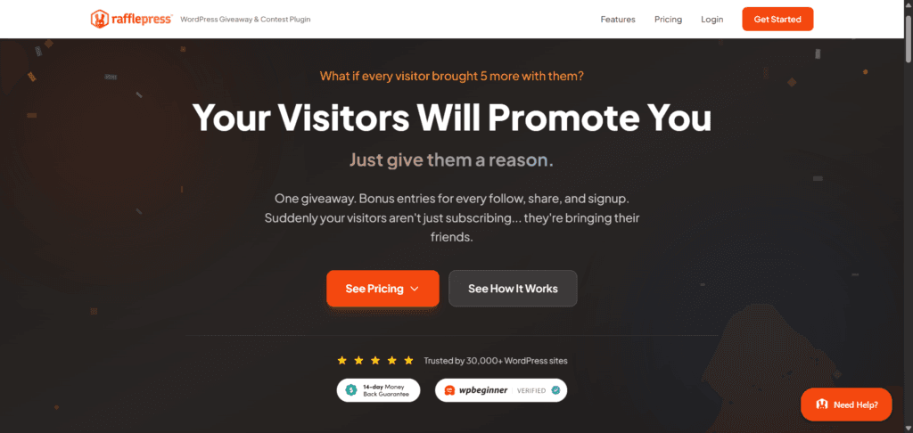 RafflePress homepage showing WordPress giveaway and contest plugin with promotion features and call to action buttons.