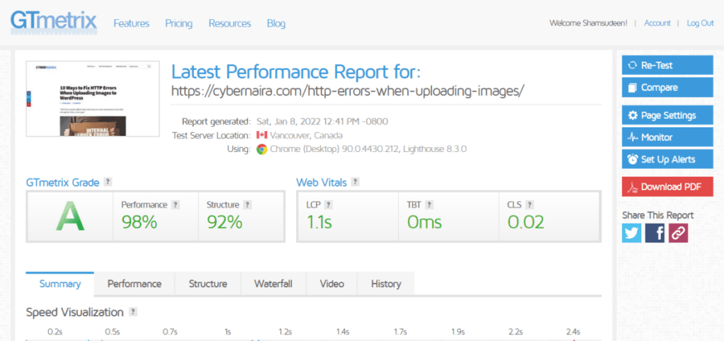 GTmetrics performance score Grade A