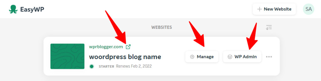 EasyWP WordPress setup - CyberNaira WordPress blogs in the EasyWP user dashboard