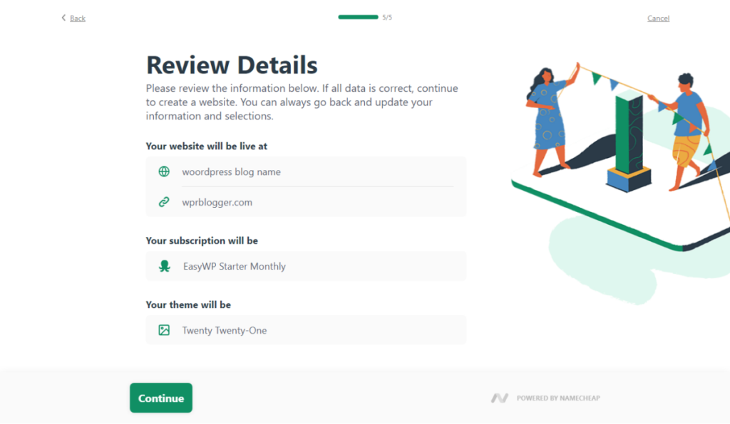 EasyWP review details - CyberNaira Installing WordPress in EasyWP - Step 5 - Review Details