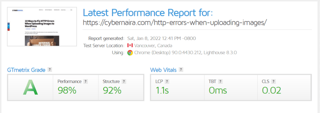 Latest Performance Report for https cybernaira.com http errors when uploading images GTmetrix 1 GTmetrcis scores performance and Core VWeb Vitals reports