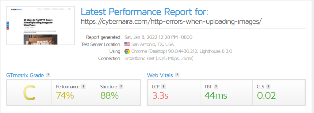 Latest Performance Report for https cybernaira.com http errors when uploading images GTmetrix GTmetrics Core Web Vitals performance scores