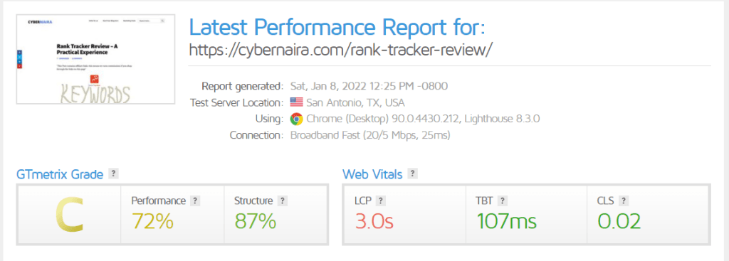 Latest Performance Report for https cybernaira.com rank tracker review GTmetrix Performance score for Rank tracker blog post page