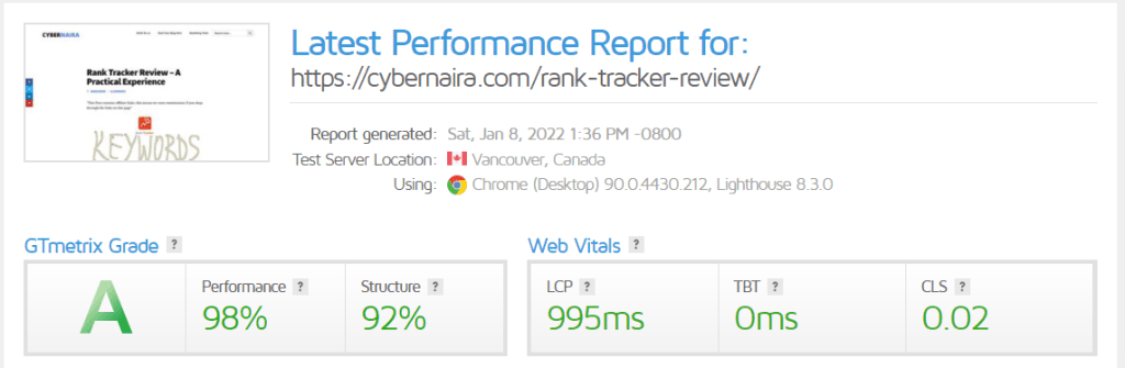 Rank tracker Gtmetrcis report Improved GTmetrics performance score