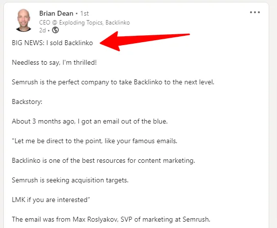 Brian Dean's LinkedIn post announcing the sale of Backlinko to Semrush.