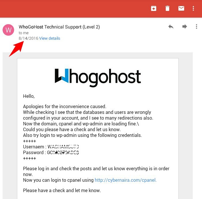 cpanel login credentials and configuration issue with whogohost support rep - CyberNaira WhoGoHost support email explaining database configuration errors and providing new cPanel and WordPress login details.