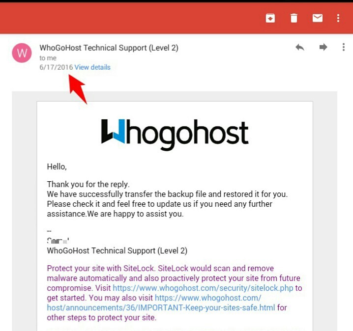 email conversation with Whogohost customer rep - CyberNaira WhoGoHost technical support email confirming a successful backup file transfer and restoration for Shamsudeen.