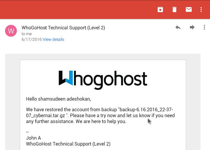 website backup restorataion confirmation email from WhoGohost Support rep - CyberNaira WhoGoHost support email confirming the restoration of a specific cPanel backup file for a user account.