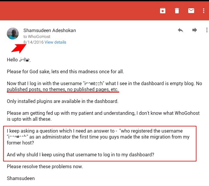 wordpress dashboard access issues and username registration to whogohost rep - CyberNaira Gmail message from a user to WhoGoHost support reporting an empty WordPress dashboard and questioning admin username registration.