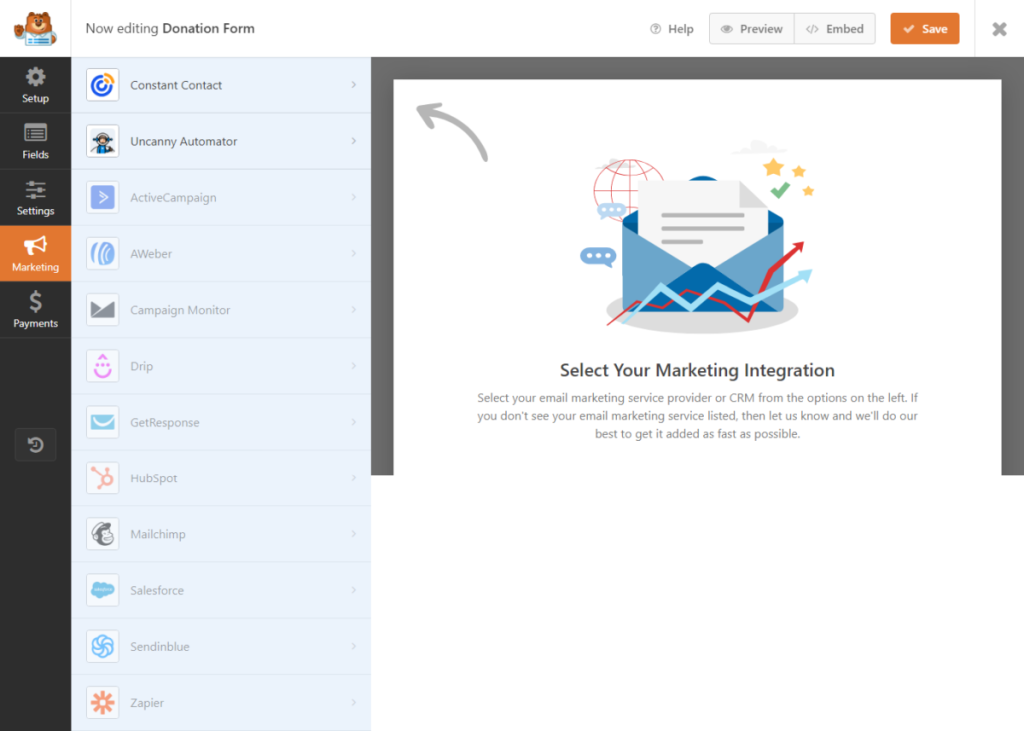 WPForms marketing automation settings - CyberNaira Marketing tab in WPForms to integrate with CRM and email marketing