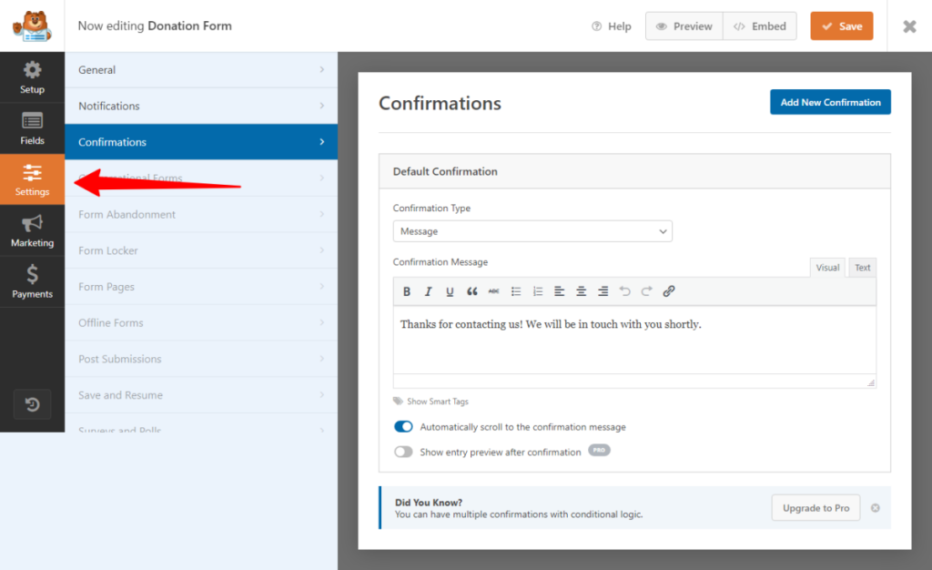 WPForms settings page - CyberNaira Settings Page in WPForms to configure notifications and messages