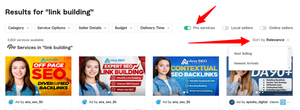 Fiverr Search Results for link building 1 - CyberNaira Service or gigs filtering options on Fiverr