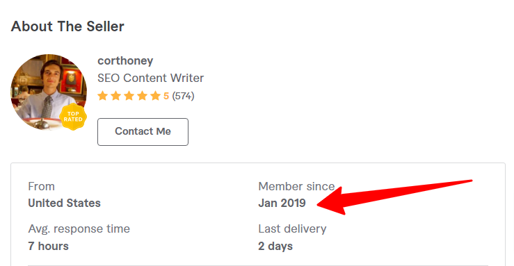 Be your technical seo content writer by Corthoney Fiverr - CyberNaira A screenshot of the "About The Seller" section on a Fiverr profile for a user named "corthoney." The profile identifies them as an "SEO Content Writer" with a 5-star rating from 574 reviews and a yellow "Top Rated" badge on their profile picture. Below, a details box shows they are from the United States, have an average response time of 7 hours, and their last delivery was 2 days ago. A large red arrow points to the "Member since Jan 2019" date.