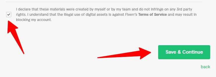 Fiverr terms and services usage policy - CyberNaira A screenshot of the "Get all the information you need from buyers to get started" section on Fiverr. The interface features a "YOUR QUESTIONS" area with an "Add a question" text box. A checkbox for "Required" is ticked, and the placeholder text suggests requesting details like dimensions and brand guidelines. Below, a dropdown menu allows the seller to "Get it in a form of:" with "Free text" selected. A green "Save & Continue" button is at the bottom right.