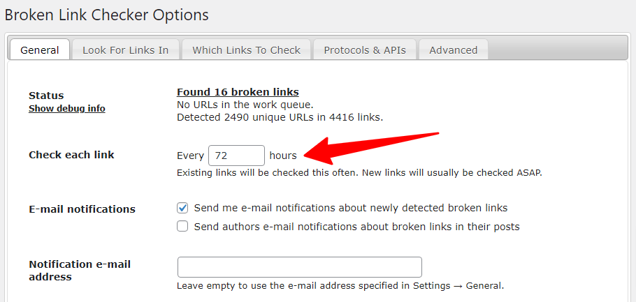 Link Checker Settings ‹ — WordPress - CyberNaira Broken link checker setting page