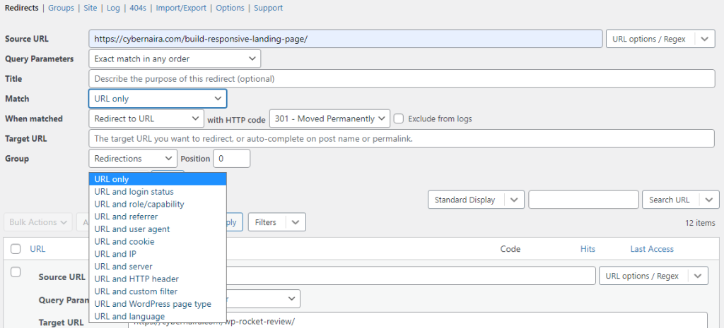 Redirection ‹ — WordPress - CyberNaira Redirection dashboard settings page