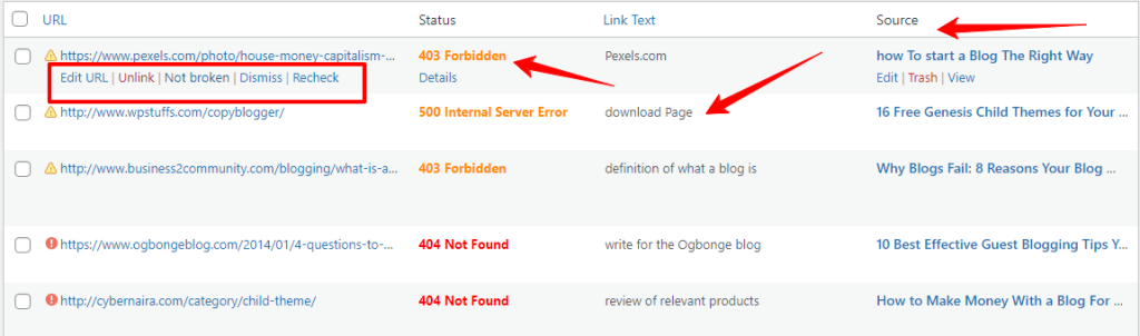 View Broken Links ‹ — editing link status - CyberNaira Broken link checker dashboard