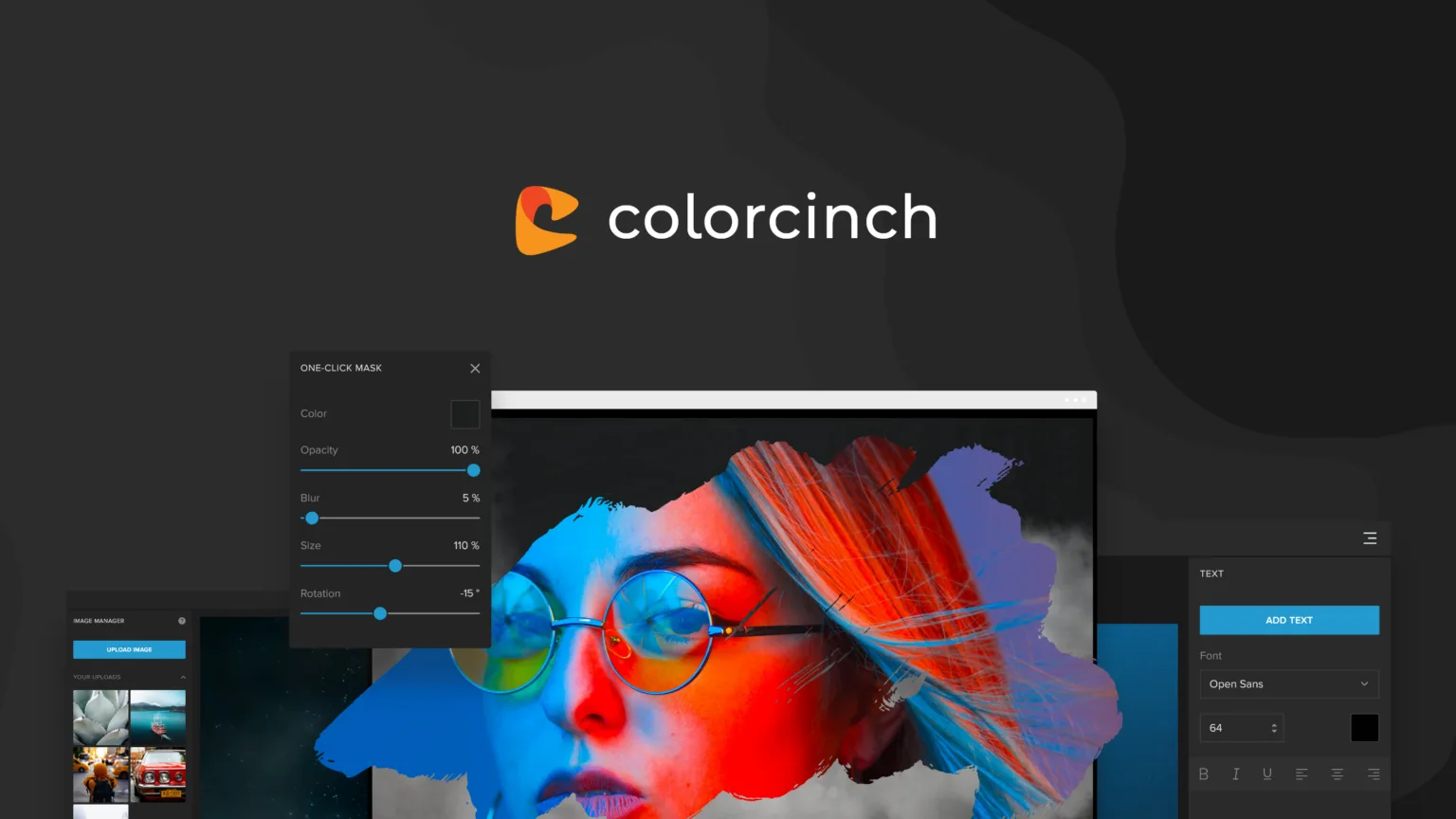 Colorcinch photo editor interface featuring a one-click mask tool and text editing options over a portrait with blue and orange lighting.