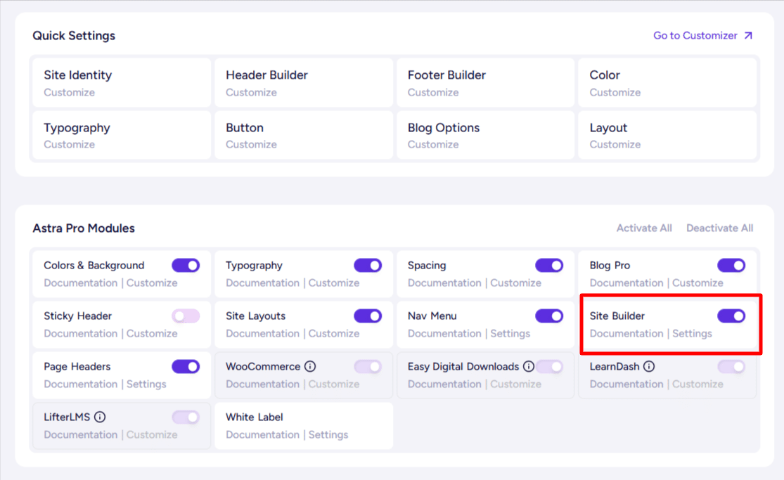 astra pro theme modules dashboard site builder option enabled Astra Pro theme dashboard showing available modules with a red box highlighting the enabled Site Builder option toggle switch.