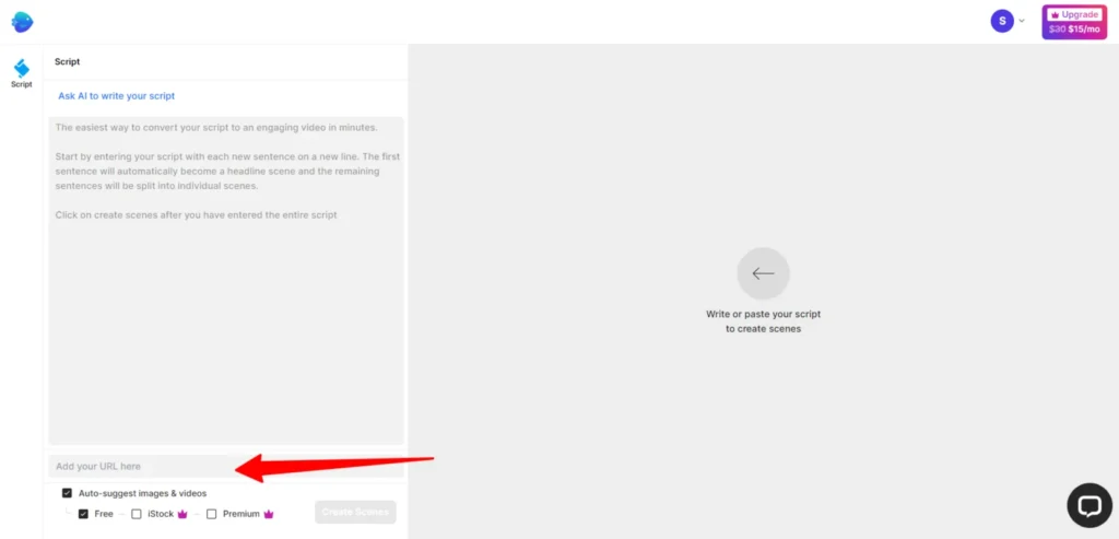 invideo ai blog post to video url import tool Invideo AI "Script" interface featuring a red arrow pointing to the "Add your URL here" field at the bottom, which allows users to convert blog posts or web articles directly into video scenes.