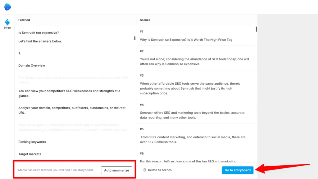 invideo ai fetching text from url Invideo AI interface showing a "Script" panel where text has been automatically fetched from a URL. The screen displays multiple storyboard scenes with auto-summarized text and a checkbox option to "Auto-suggest images and videos" from stock libraries.