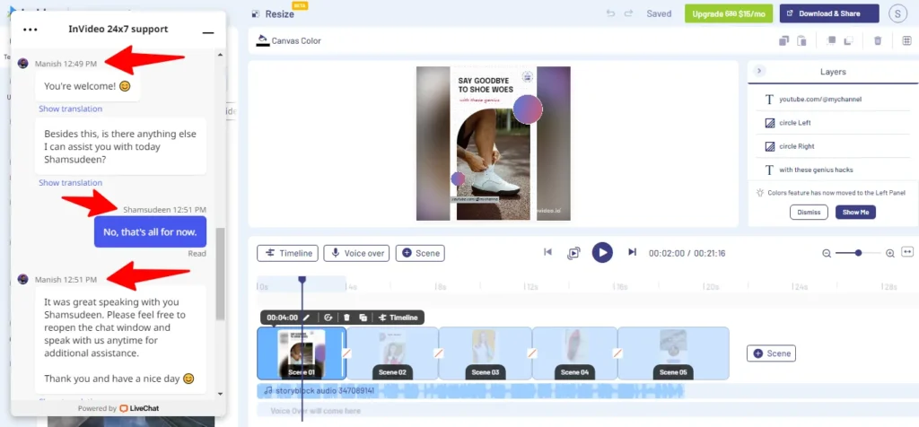 invideo ai live customer support chat sessions The Invideo AI help interface showing a list of recent "Live chat sessions" with support representatives.