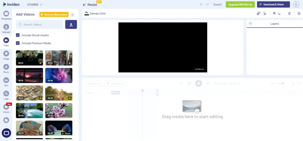 invideo ai media replacement and stock library The Invideo AI scene editor showing a "Script" box for editing scene text and a large "Replace" button over the main video preview. A red highlighted box on the left shows the media library with options to search and filter through 16 million+ stock assets from iStock and other premium sources.