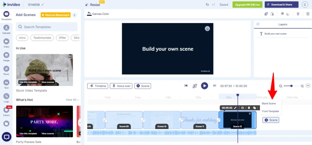 invideo ai scene addition and management tools The Invideo AI storyboard editor showing an individual scene panel with a "Blank scene" option and a "From template" option, each represented by a large plus icon. A red box highlights a secondary menu with options to Duplicate, Delete, or Add scene, along with controls for Canvas color, Layers, and Scene duration.