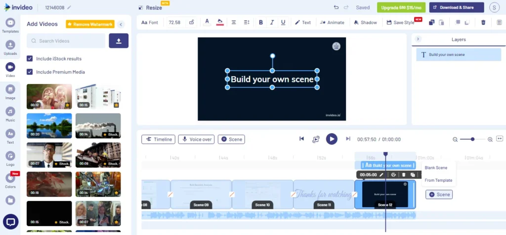 invideo ai scene management and duration controls The Invideo AI scene editor interface showing a highlighted scene with options to Edit, Duplicate, and Delete. A red box on the left menu points to advanced scene controls including Canvas Color, Layers, and Scene Duration.
