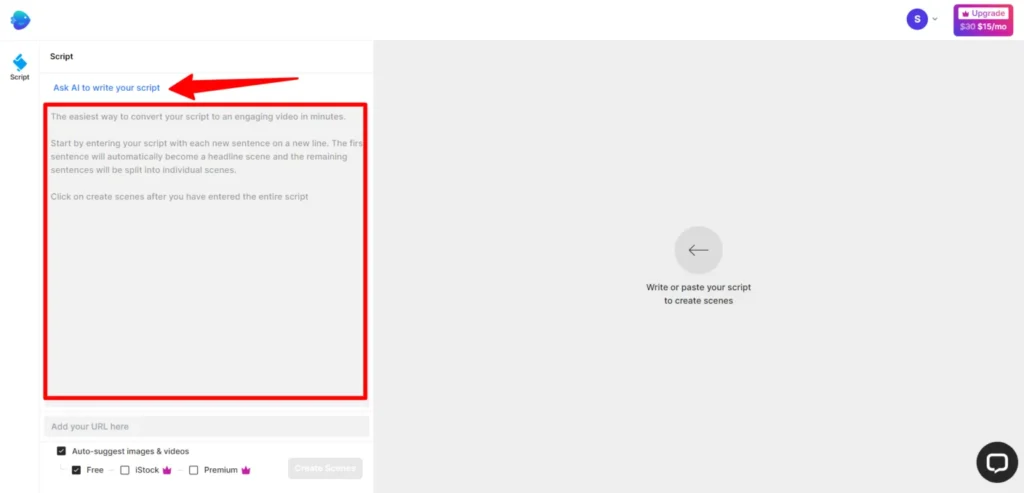 invideo ai script editor text area Invideo AI "Script" interface showing a text entry area with an arrow pointing to "Ask AI to write your script," including instructions on how to convert scripts into scenes and a checkbox for auto-suggesting images and videos from Free, iStock, or Premium libraries.