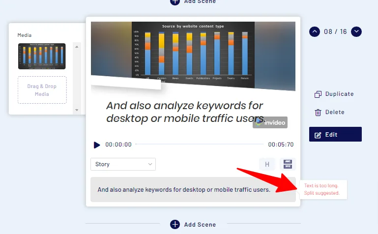 invideo ai script editor with sentence splitting The Invideo AI script editor interface showing a "Script" panel with multiple editable scene boxes. A red box highlights a text segment with an option to "Split segment here," allowing users to break long sentences into smaller, more manageable parts for better video readability.