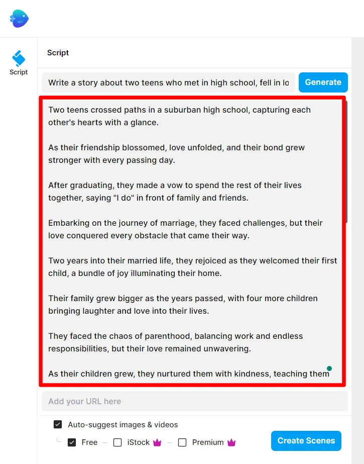 invideo ai script generation for storytelling An Invideo AI script editor interface showing a prompt for "Write a story about two teens who met in high school," with the resulting AI-generated script text displayed in a red highlighted box